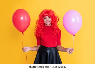 Teen Kid Smile With Party Balloon On Yellow Background