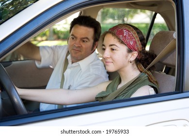 Teen Learning To Drive Or Taking Driving Test.