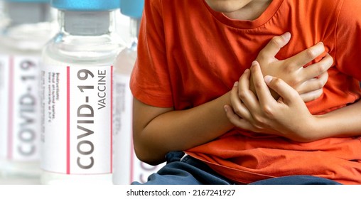 Teen Nature Boy Suffering From Chest Pain Side Effect Of Covid-19 Vaccinated. Myocarditis And Pericarditis After Receipt Of MRNA COVID-19 Vaccines Among Adolescents And Young Adults Concept.
