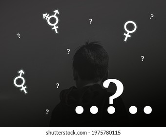 Teen Problem Family Issues Gender Confusion In Teenager.  Gender Symbols Of Male Bigender And Transgender. Concept Of Choice Gender Confusion Or Dysphoria.