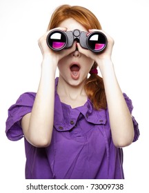 Teen Red-haired Girl With Binoculars Isolated On White Background