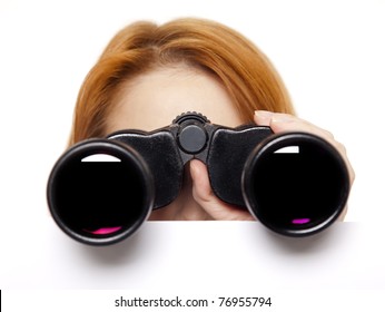 Teen Redhead Girl With Binoculars Isolated On White Background