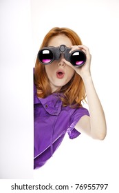 Teen Redhead Girl With Binoculars Isolated On White Background