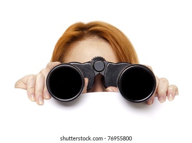 Teen Redhead Girl With Binoculars Isolated On White Background