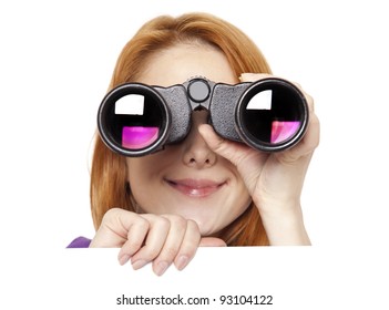 Teen Redhead Girl With Binoculars Isolated On White Background