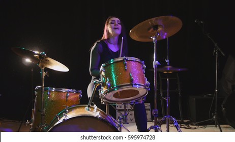 Teen Rock Music - Attractive Girl Percussion Drummer Perform Music Break Down