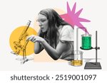 Teen scientist background, education color pop design. Young teen student in science class. Science class student experiementing. Teen girl studying science at school. Colorful background.