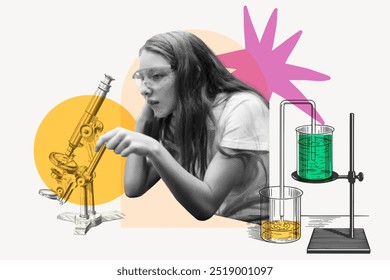 Teen scientist background, education color pop design. Young teen student in science class. Science class student experiementing. Teen girl studying science at school. Colorful background. - Powered by Shutterstock