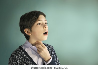 Teen Singer Boy Sing Close Up Portrait On Blue Background