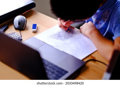 Teen Student Attending Online Drawing Class And Hands Sketching Dimension Architecture Details On Front Of Laptop Computer And Calculator At Home. Remote Learning Education, Art And Creativity Concept