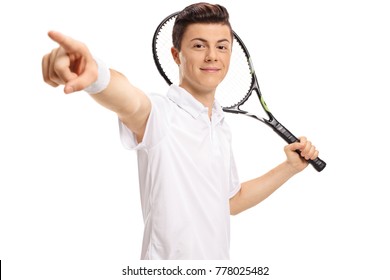Teen Tennis Player With A Racket Pointing Isolated On White Background
