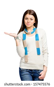 Teen wearing colored scarf with her palm up, isolated on white
