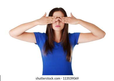 Teen Woman Covering Her Eyes Isolated On White Background