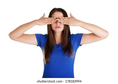 Teen Woman Covering Her Eyes Isolated On White Background 