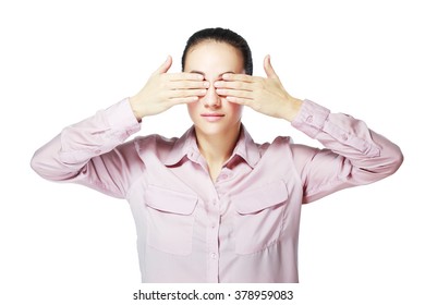 Teen Woman Covering Her Eyes Isolated On White Background