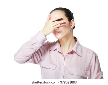 Teen Woman Covering Her Eyes Isolated On White Background