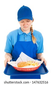 Teen Worker Disgusted By Fast Food Meal.  Isolated On White.  