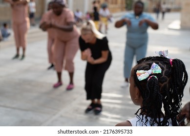 Teenage African Girl With Curly Hair Enjoy Street Dance Performance At Music Festival Day