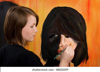 Teenage artist painting self-portrait