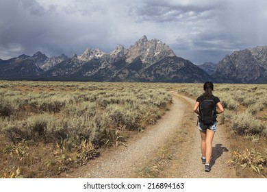 A Teenage Asian Girl Hiking In The Grand Teton National Park, Wyoming, USA