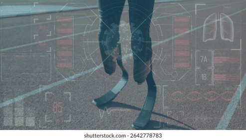 Teenage athlete wearing black leggings running in red track lane, with carbon-fiber blades and HUD. Futuristic, innovation, performance, athleticism, biomechanics, technology, empowerment