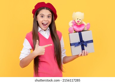 Teenage Beauty Go Shopping. Tween And Youth. Purchase A Gift. Happy French Teen Girl Pointing Finger