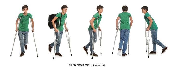 Teenage boy with axillary crutches on white background, collage. Banner design