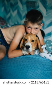 Teenage boy and dog lie on the bed and hug. Cute beagle puppy