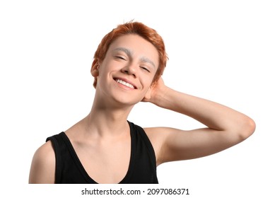 Teenage Boy With Dyed Eyebrows On White Background