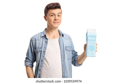 Teenage Boy Holding A Milk Carton Isolated On White Background