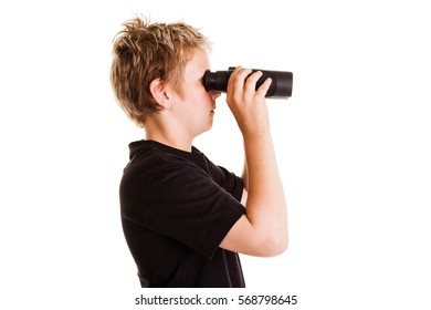 Teenage Boy Looking Through Binoculars, Profile On White Background