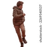 Teenage boy runs and looks back, front view, isolated on white background. A guy runs away from something