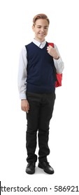 Teenage Boy In School Uniform With Backpack On White Background