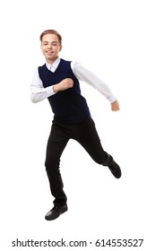 Teenage Boy In School Uniform Running On White Background