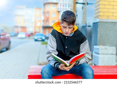 Teenage boy sitting on a bench and reading a book is studying and preparing for exams at a university or college, taken in backlit and sun glare.