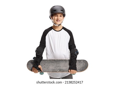 Teenage Boy With Skateboard, Helmet And Elbow Safety Pads Isolated On White Background