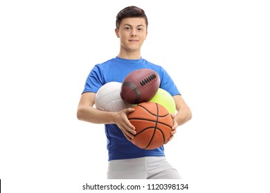 Teenage boy with sports balls isolated on white background - Powered by Shutterstock