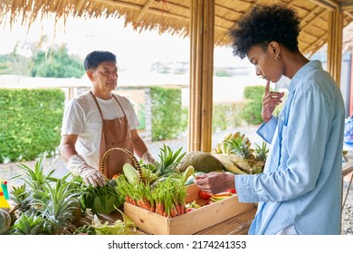 Teenage Boy Try To Shop Fresh Organic Vegetable In Market For Make A Food In  Field Trip In Organic Farm, Health And Wellbeing