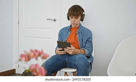 Teenage boy wearing headphones and using a tablet in a modern room with a white door and flowers. - Powered by Shutterstock