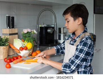 Teenage Boy's cooking for the family alone in the kitchen preparing food cutting carrot in the kitchen , fresh colorful vegetable