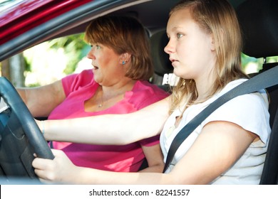 Teenage Driver And Her Mother About To Have A Car Accident.