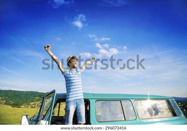 Teenage friends
on a road trip on a summers day
