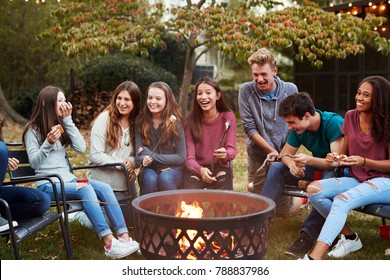 Teenage friends sit round a fire pit toasting marshmallows