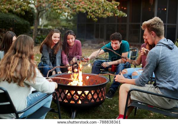 Teenage friends sit round a fire pit\
toasting marshmallows