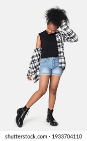 Teenage Girl In Black Top And Flannel Shirt For Youth Apparel Grunge Fashion Shoot