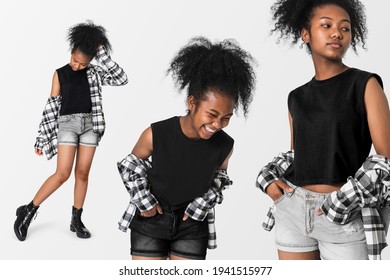 Teenage Girl In Black Top And Flannel Shirt For Youth Apparel Grunge Fashion Shoot