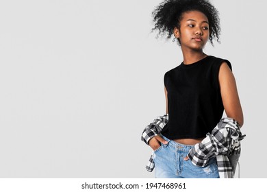 Teenage Girl In Black Top And Flannel Shirt For Youth Apparel Grunge Fashion Shoot