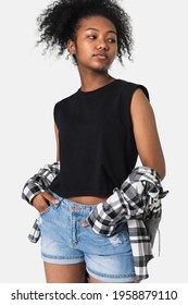 Teenage Girl In Black Top And Flannel Shirt For Youth Apparel Grunge Fashion Shoot