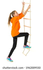 Teenage Girl Climbing Rope Ladder. Isolated Over White Background.