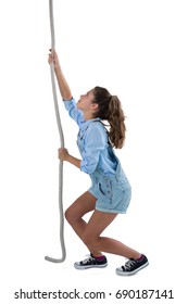 Teenage Girl Climbing The Rope On White Background
